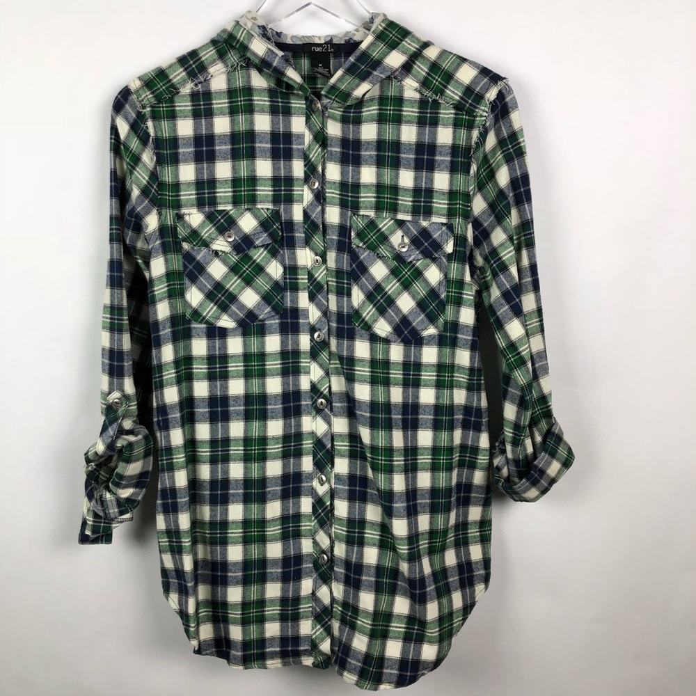 Rue 21 | Plaid Hooded Button Down Top | M
